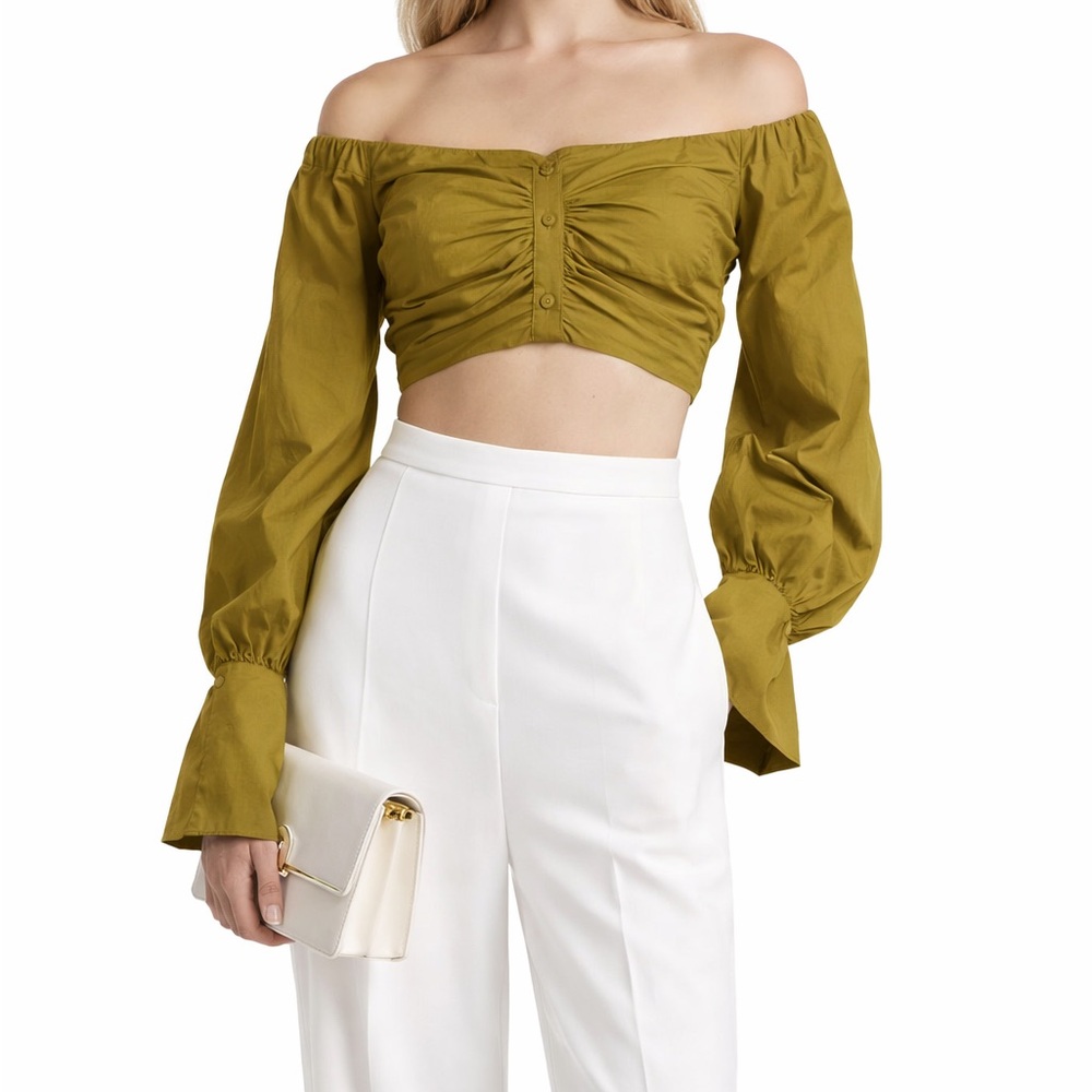 NWOT Silvia Tcherassi Green Massino Off-The-Shoulder Ruched Cotton Crop Top,Sz S